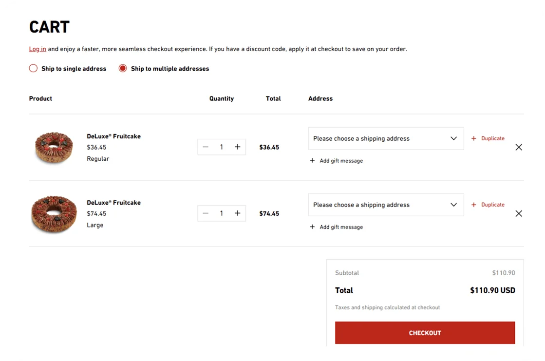 Cart page with each product assigned to a named recipient and their shipping address